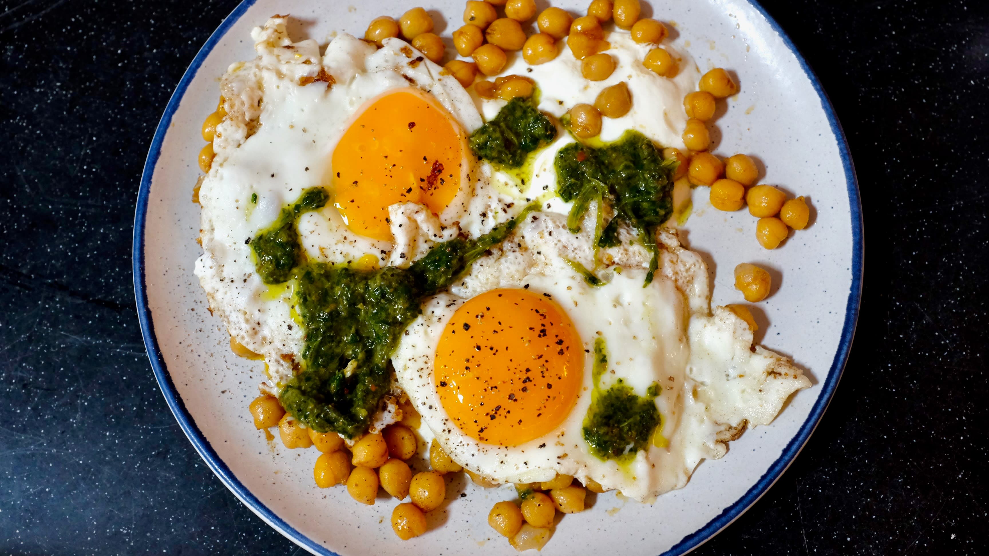 Sunny-Side-Up Eggs With Zhug, Chickpeas and Yoghurt